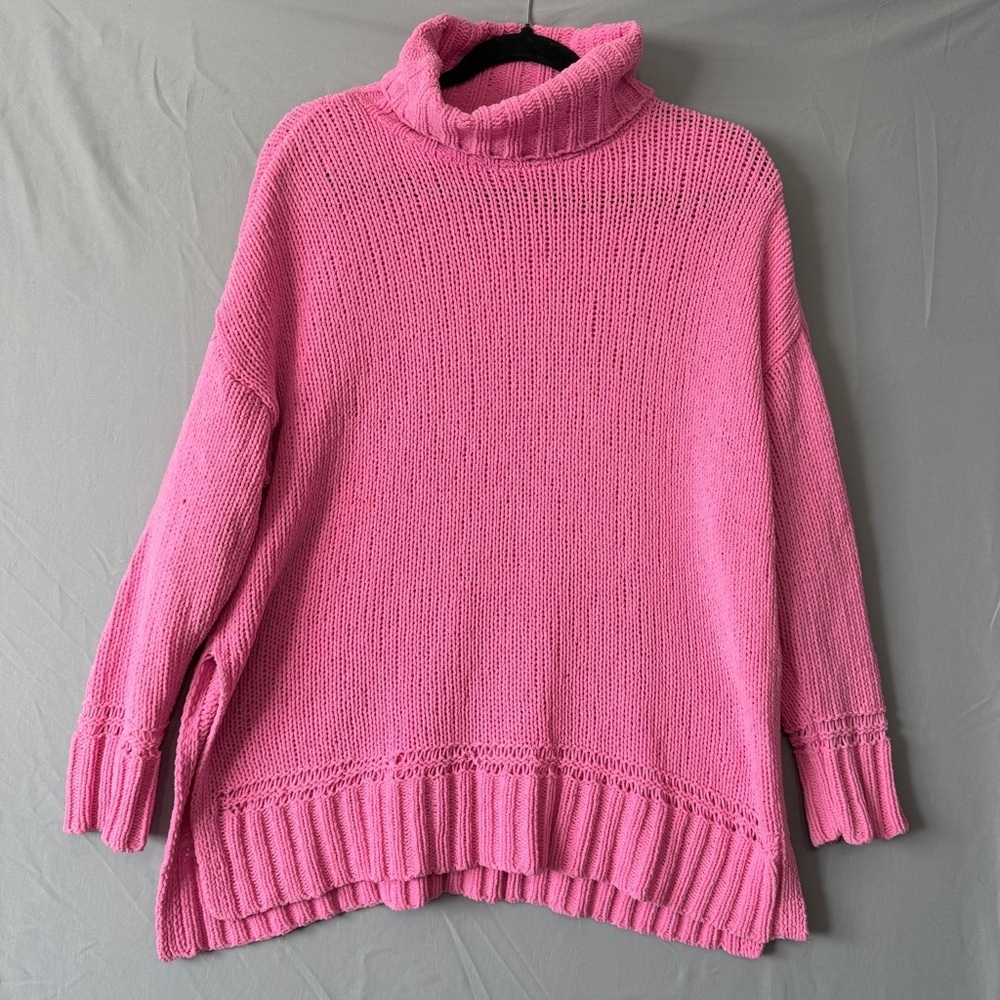 Aerie Womens Oversized Chenille Turtleneck Sweater S Hot Pink Slouchy Ribbed Hem
